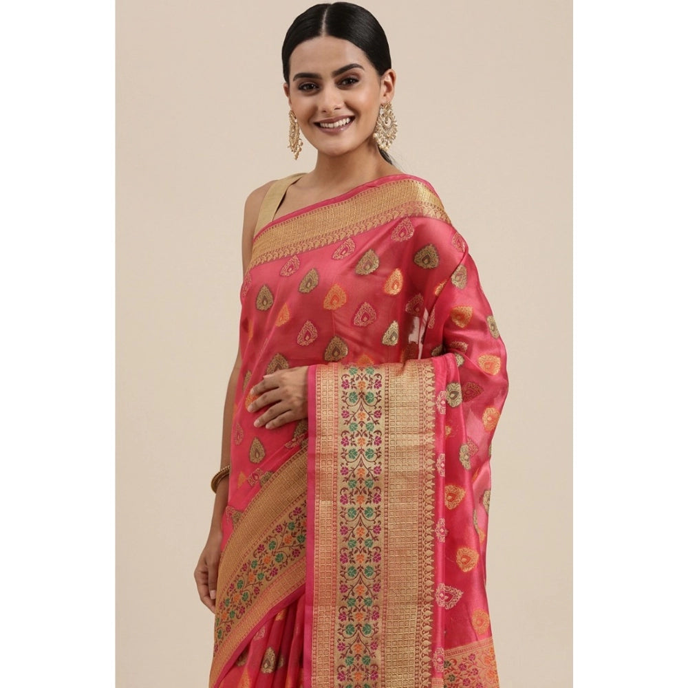 Generic Women's Organza Printed Saree With Unstitched Blouse (Pink, 5-6 Mtrs)