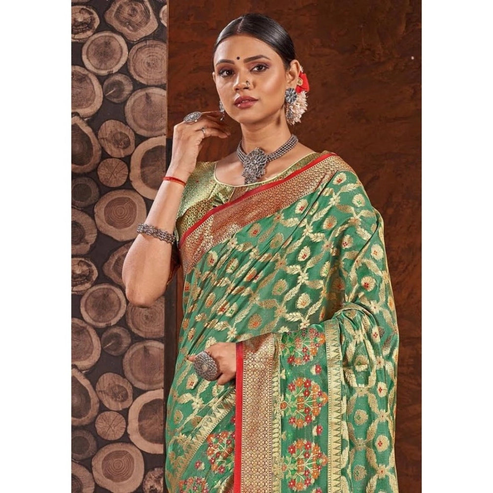 Generic Women's Organza Printed Saree With Unstitched Blouse (Sea Green, 5-6 Mtrs)