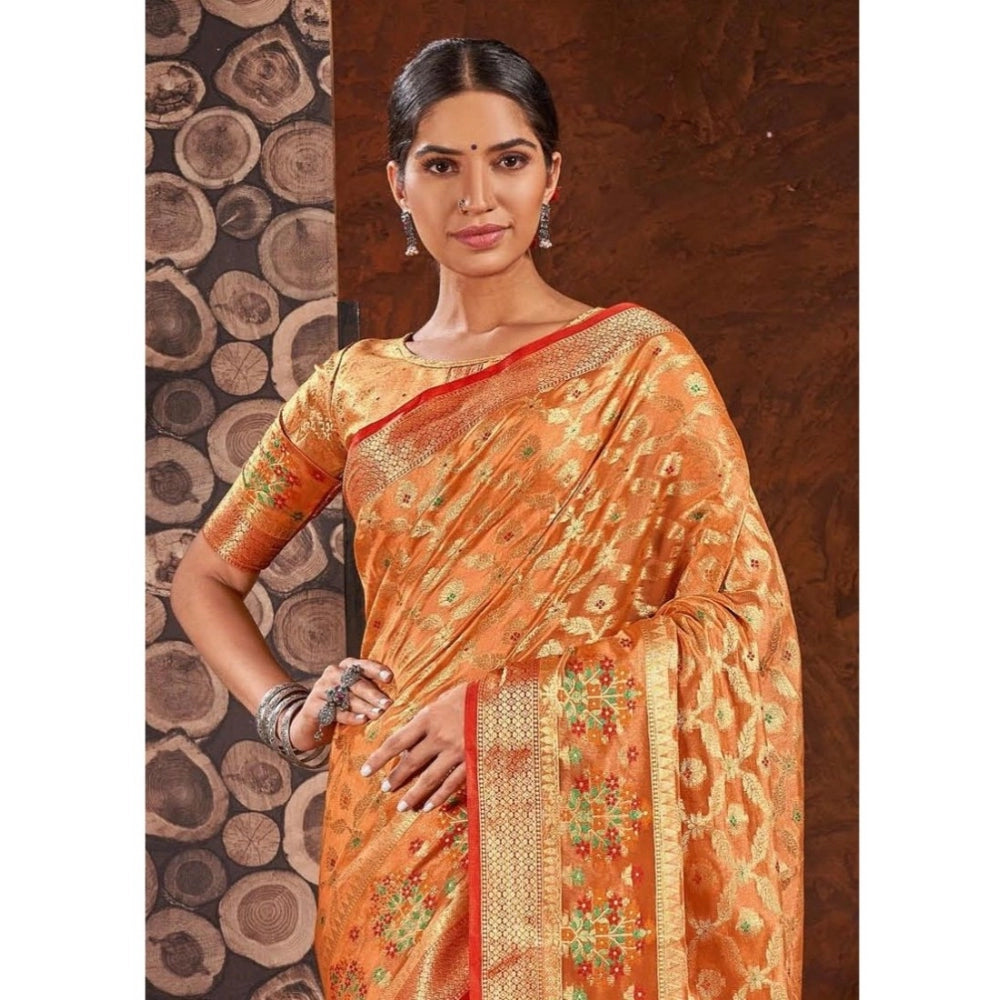Generic Women's Organza Printed Saree With Unstitched Blouse (Orange, 5-6 Mtrs)