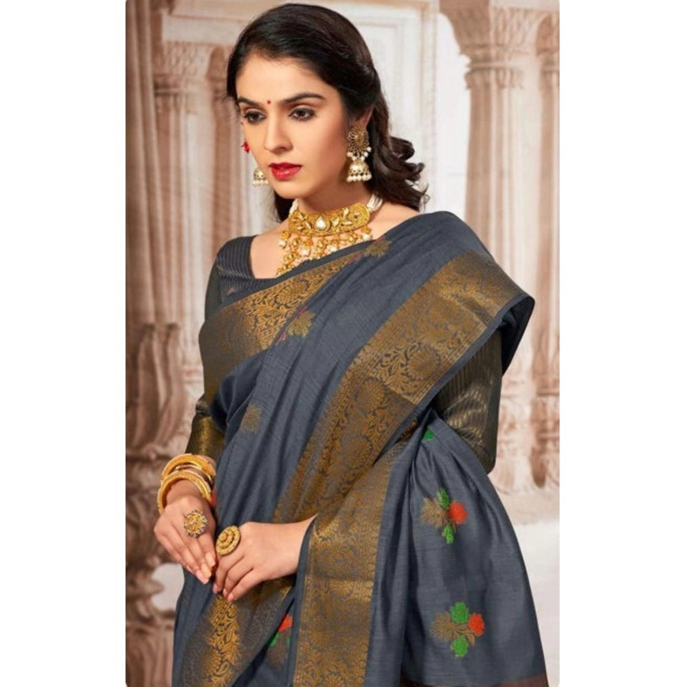 Generic Women's Linen Printed Saree With Unstitched Blouse (Grey, 5-6 Mtrs)