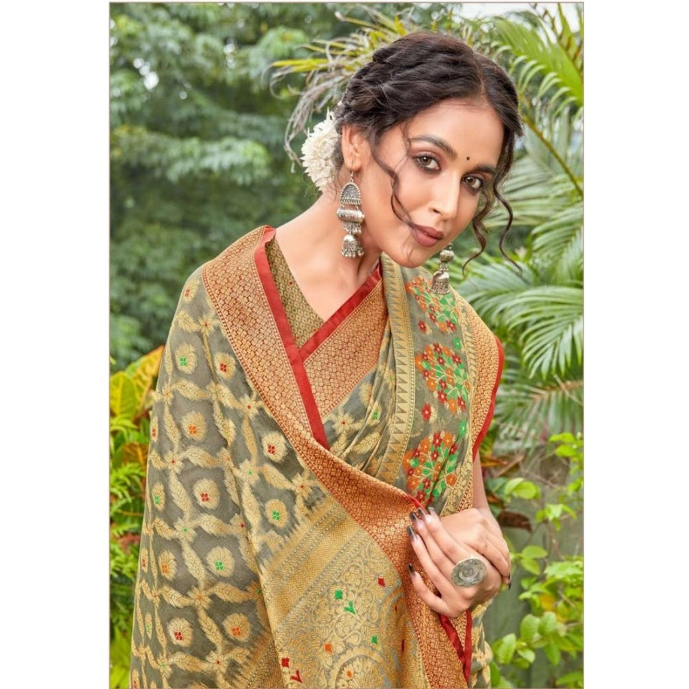 Generic Women's Organza Printed Saree With Unstitched Blouse (Grey, 5-6 Mtrs)