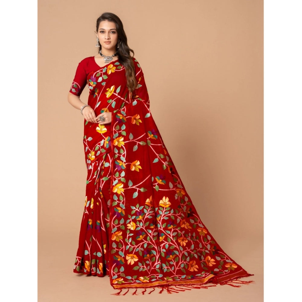 Generic Women's Cotton Printed Saree With Unstitched Blouse (Red, 5-6 Mtrs)