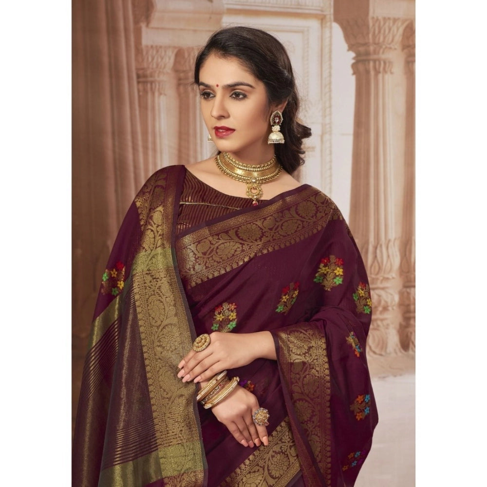 Generic Women's Chanderi Cotton Printed Saree With Unstitched Blouse (Maroon, 5-6 Mtrs)