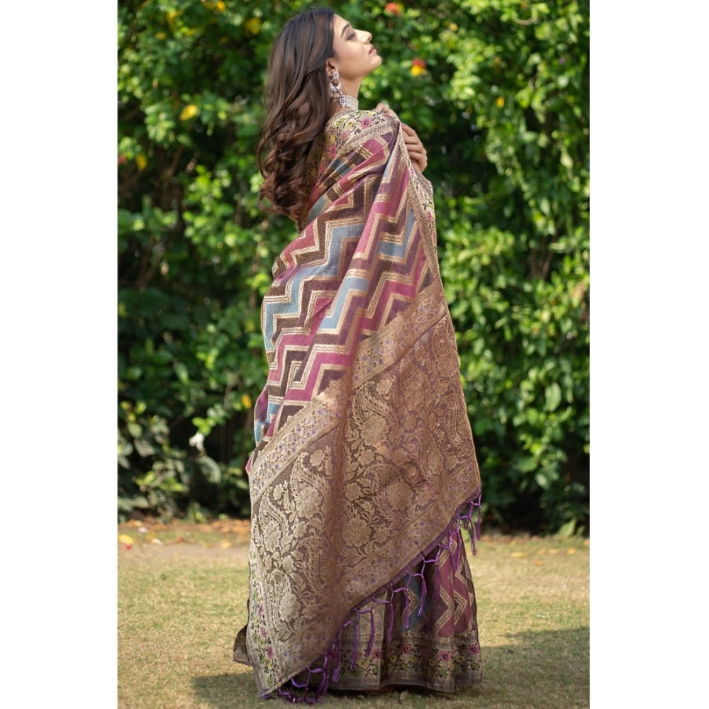 Generic Women's Organza Printed Saree With Unstitched Blouse (Wine, 5-6 Mtrs)