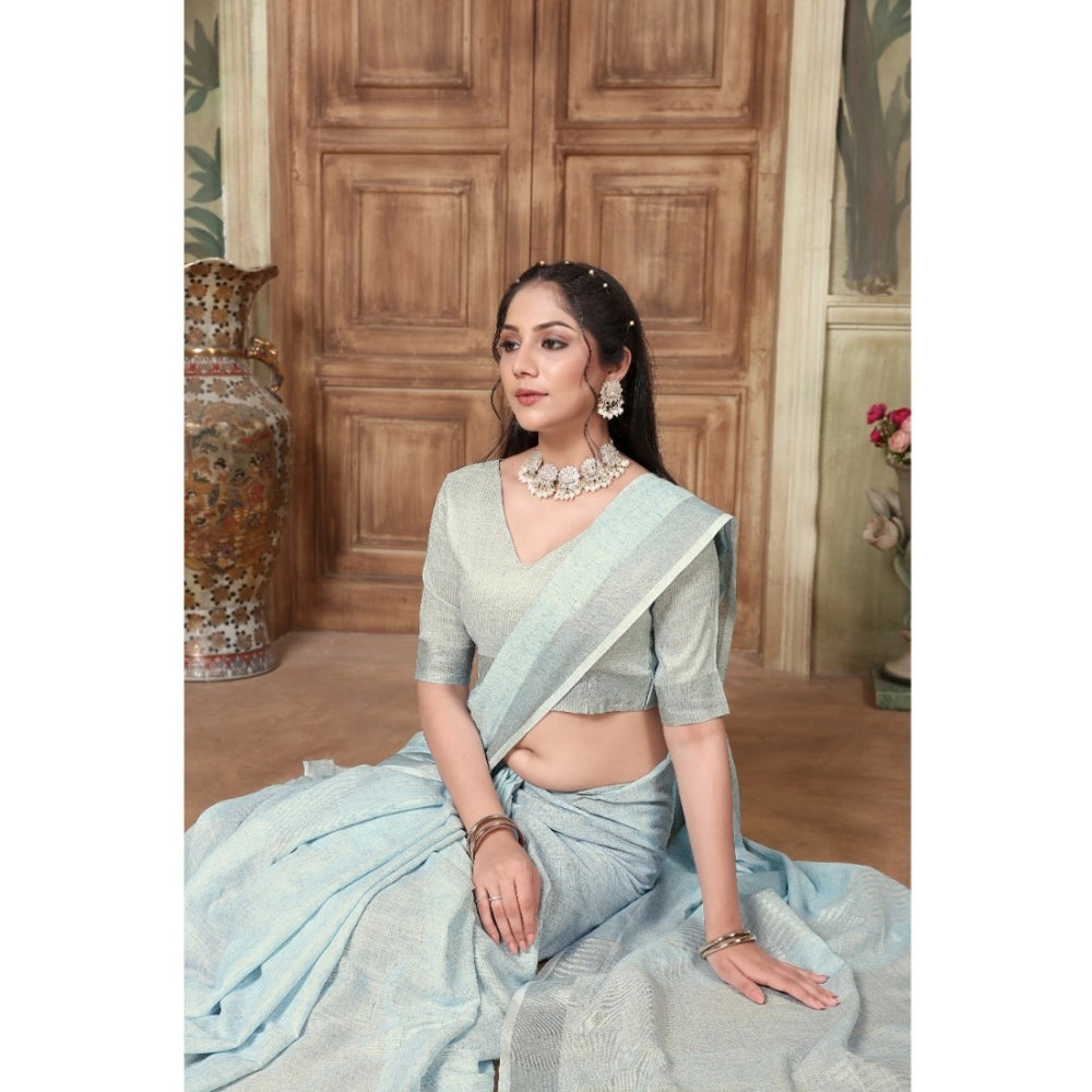 Generic Women's Organza Printed Saree With Unstitched Blouse (Sky Blue, 5-6 Mtrs)