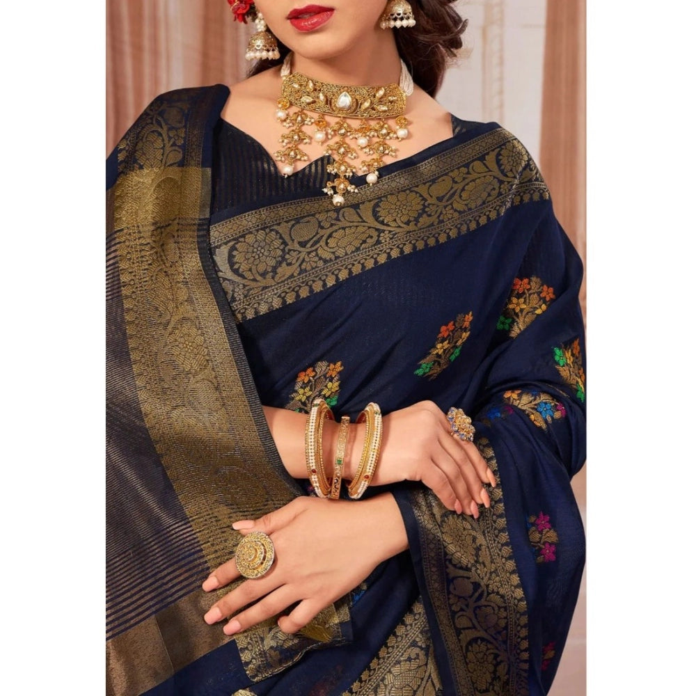 Generic Women's Chanderi Cotton Printed Saree With Unstitched Blouse (Navy Blue, 5-6 Mtrs)
