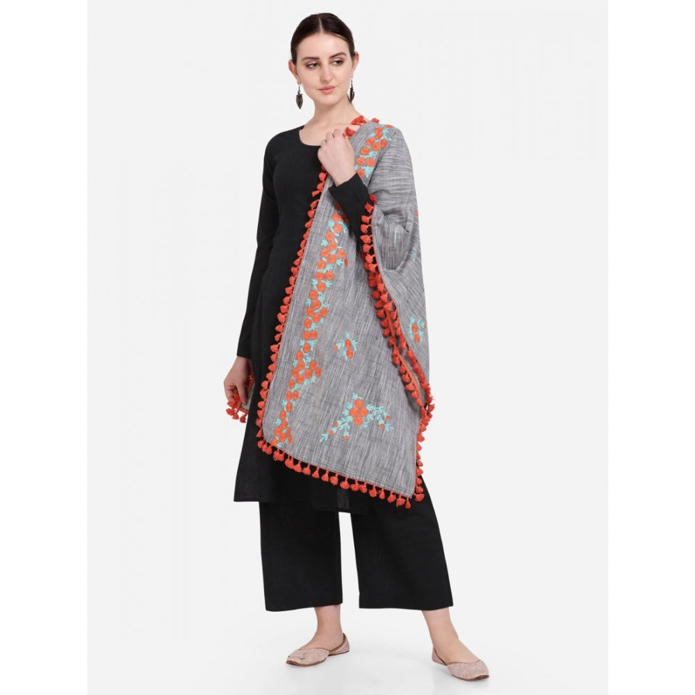 Generic Women's Cotton Embroidered Dupatta (Gray, Length: 0.5 to 1 Mtr)
