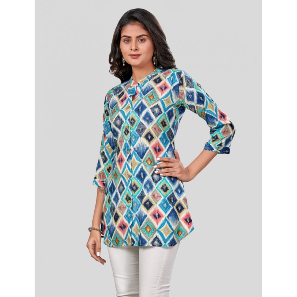 Generic Women's Rayon Collared Neck 3/4 Sleeves Short Top (Multicolor)