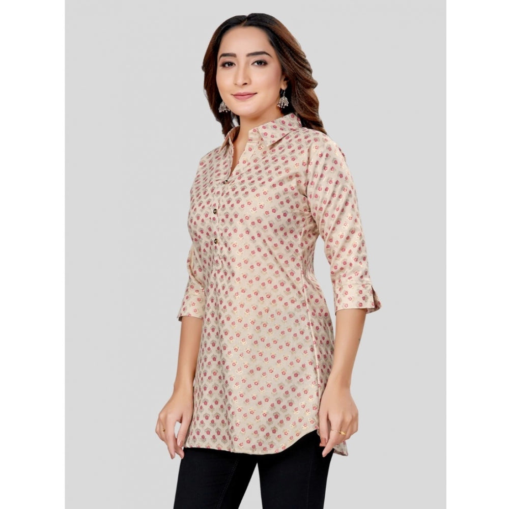 Generic Women's Cotton Blend Collared Neck 3/4 Sleeves Short Top (Cream-Red)