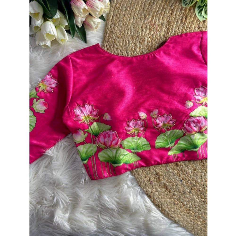 Generic Women's Silk Hand Work Round Neck Short Sleeve Readymade Blouse (Pink, Free Size)