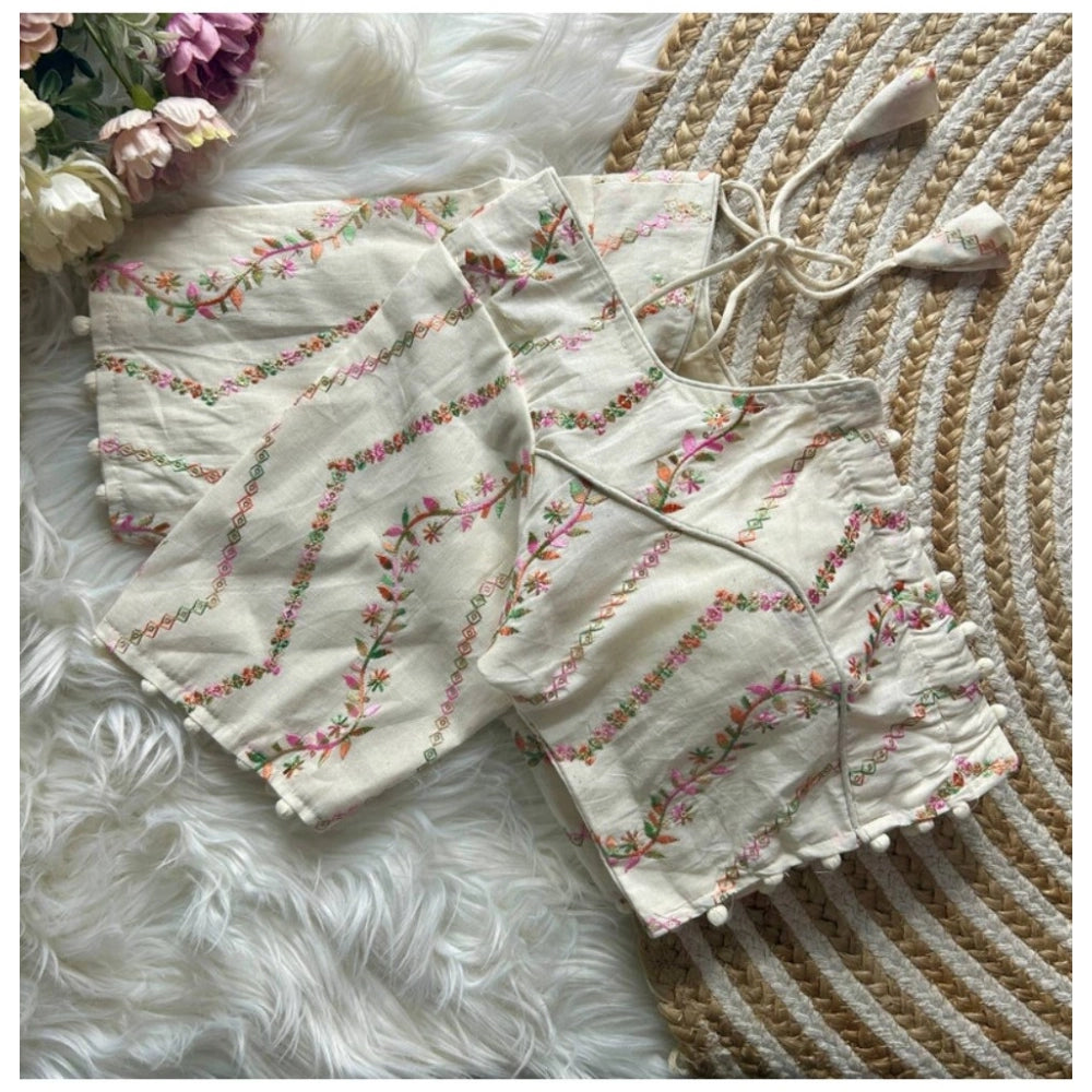 Generic Women's Khadi Cotton Embroidery Round Neck Short Sleeve Readymade Blouse (White, Free Size)