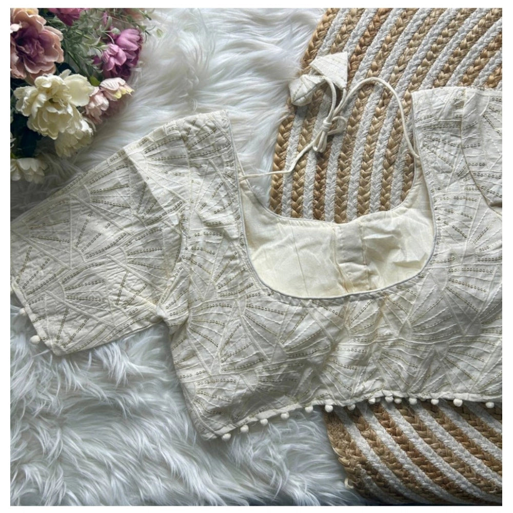 Generic Women's Khadi Cotton Embroidery Round Neck Short Sleeve Readymade Blouse (White, Free Size)