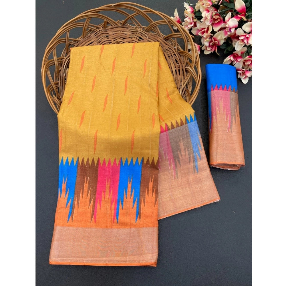 Generic Women's Cotton Blend Printed Saree With Unstitched Blouse (Mustard, 5-5 Mtrs)