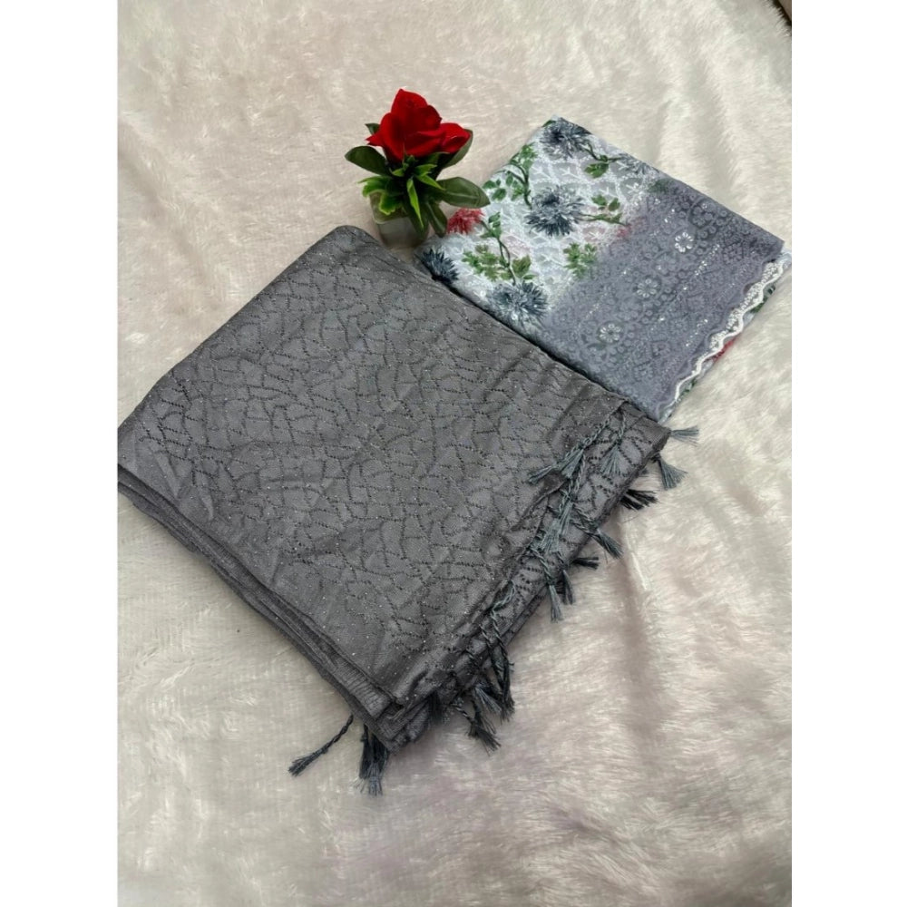 Generic Women's Georgette Embellished Saree With Unstitched Blouse (Grey, 5-5 Mtrs)