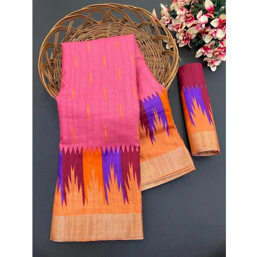 Generic Women's Cotton Blend Printed Saree With Unstitched Blouse (Pink, 5-5 Mtrs)