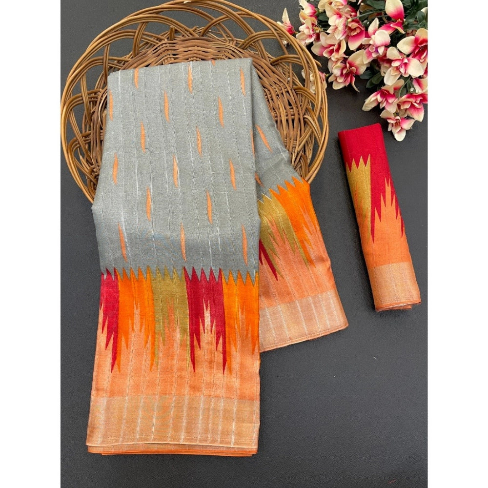 Generic Women's Cotton Blend Printed Saree With Unstitched Blouse (Grey, 5-5 Mtrs)