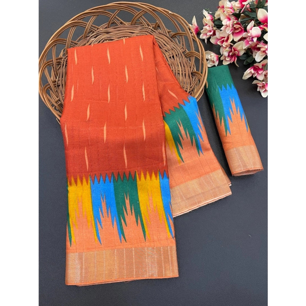 Generic Women's Cotton Blend Printed Saree With Unstitched Blouse (Red, 5-5 Mtrs)