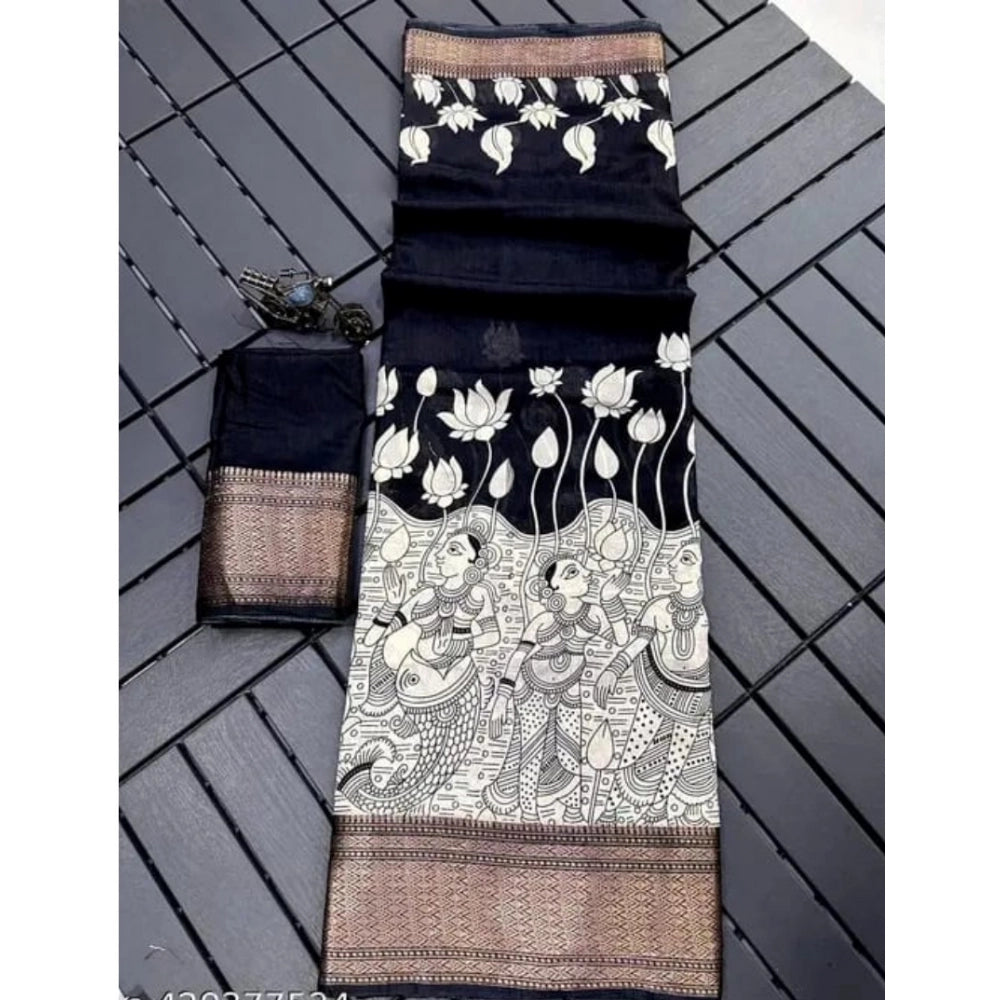 Generic Women's Dola Silk Printed Saree With Unstitched Blouse 5.5Mtr (Black)