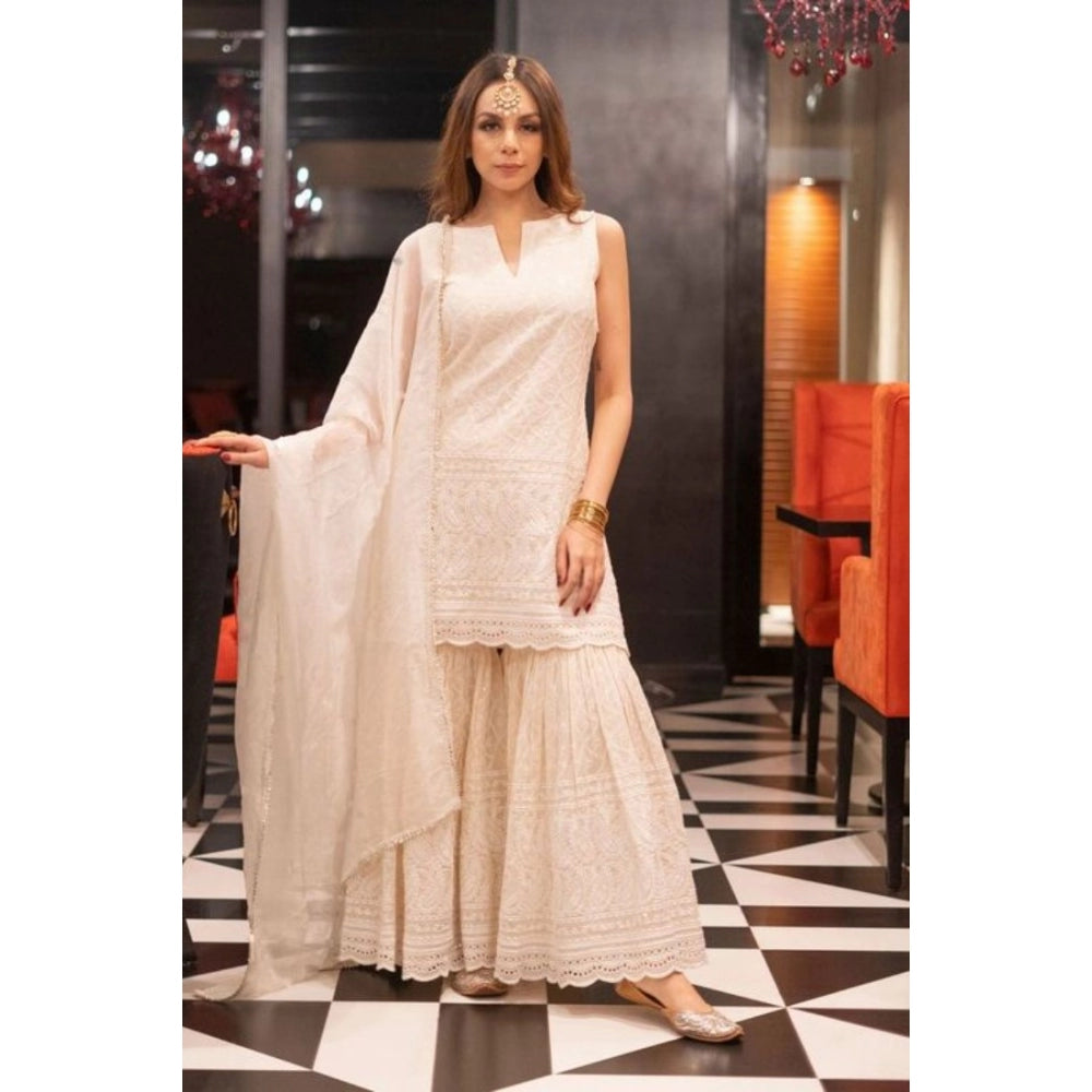 Generic Women's Casual Sleeveless Embroidered Cotton Kurti Set (White)