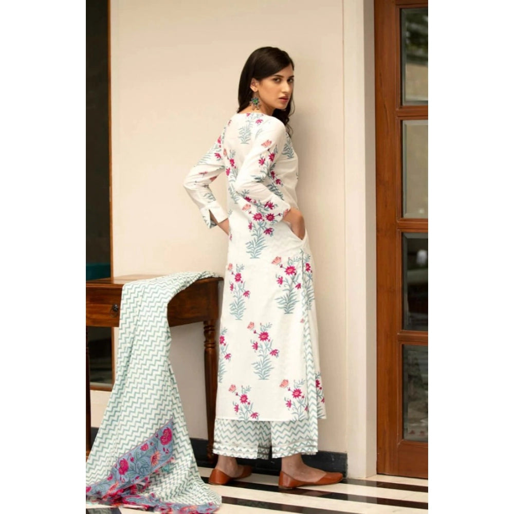 Generic Women's Casual 3/4th Sleeve Floral Print Cotton Kurti Set (White)