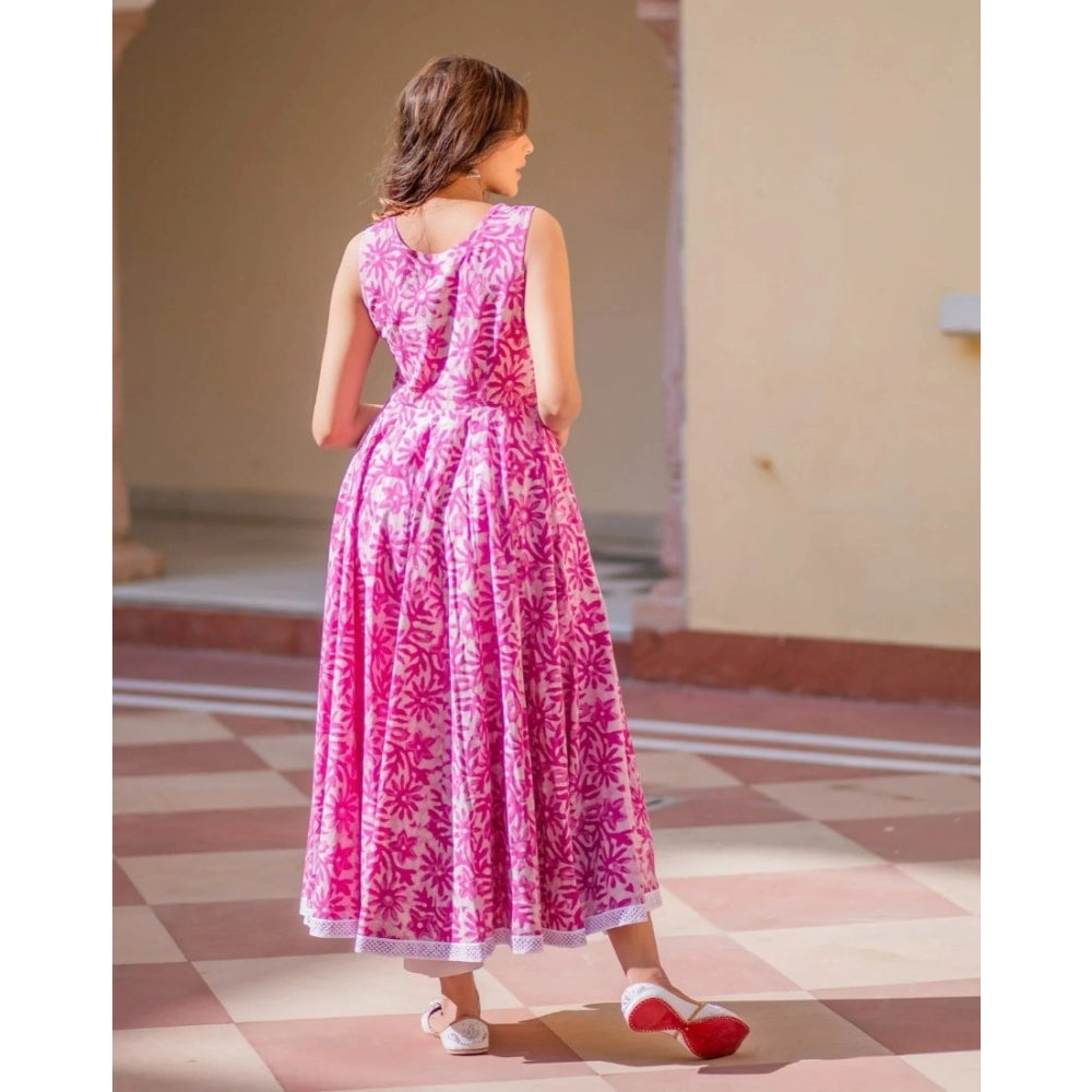 Generic Women's Casual Sleeveless Printed Cotton Kurti Set (Pink)