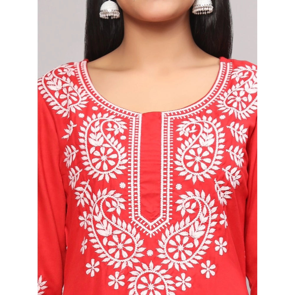 Generic Women's Casual 3/4th Sleeve Embroidered Georgette Kurti (Red)