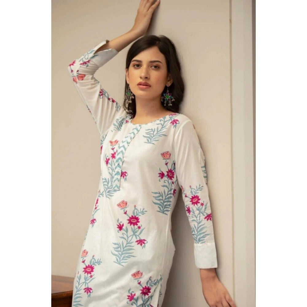 Generic Women's Casual 3/4th Sleeve Floral Print Cotton Kurti Set (White)