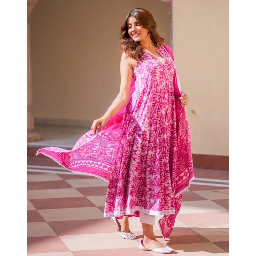 Generic Women's Casual Sleeveless Printed Cotton Kurti Set (Pink)
