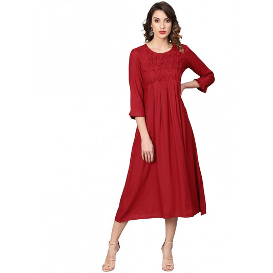 Generic Women's Casual 3/4 th Sleeve Solid Rayon Dobby Dress (Maroon)