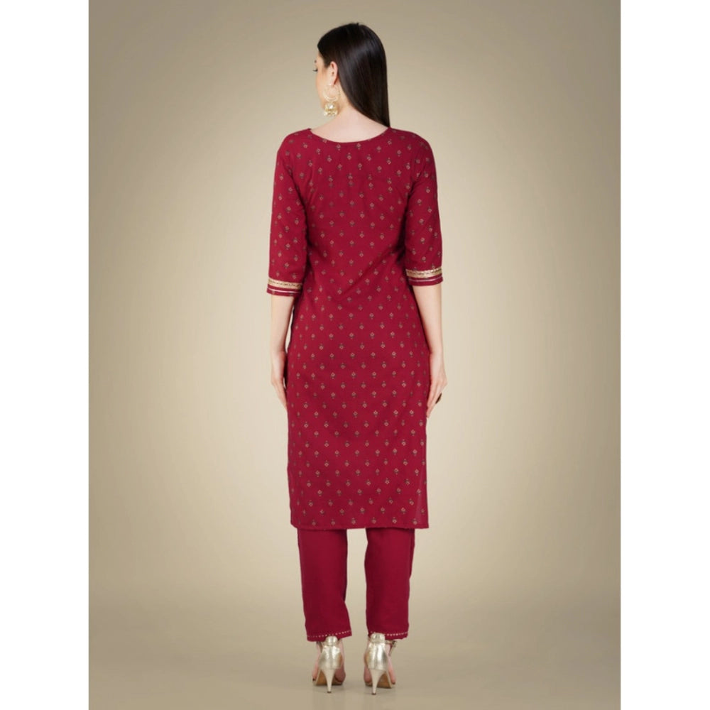 Generic Women's Casual 3-4 th Sleeve Embroidery Cotton Kurti Pant Dupatta Set (Maroon)