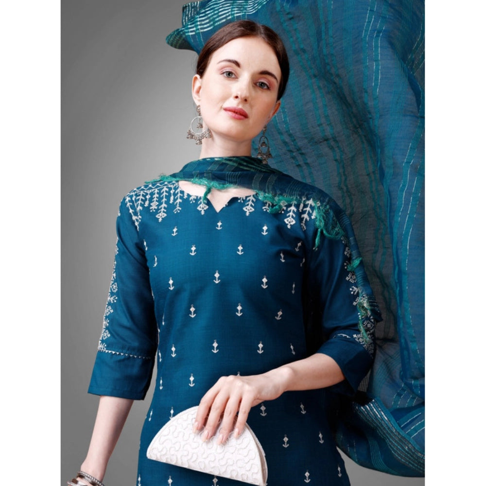 Generic Women's Casual 3-4 th Sleeve Embroidery Cotton Kurti Pant Dupatta Set (Blue )