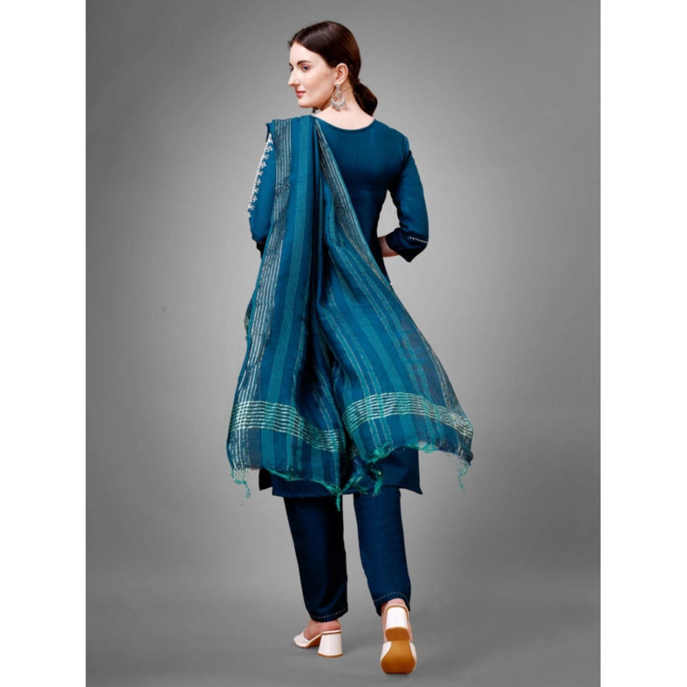 Generic Women's Casual 3-4 th Sleeve Embroidery Cotton Kurti Pant Dupatta Set (Blue )