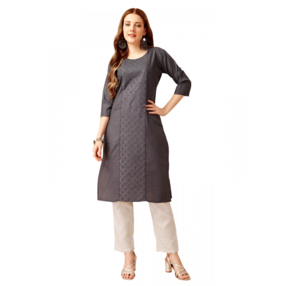 Generic Women's Casual 3-4 th Sleeve Embroidery Cotton Kurti Pant Set (Grey)