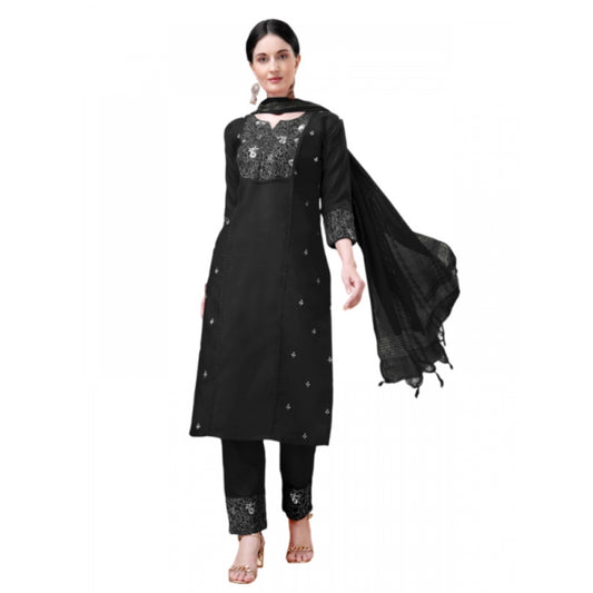 Generic Women's Casual 3-4 th Sleeve Embroidery Cotton Kurti Pant Dupatta Set (Black)