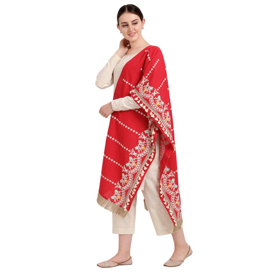 Generic Women's Cotton Embroidered Dupatta (Red, Length: 1.5 to 2 Mtr)