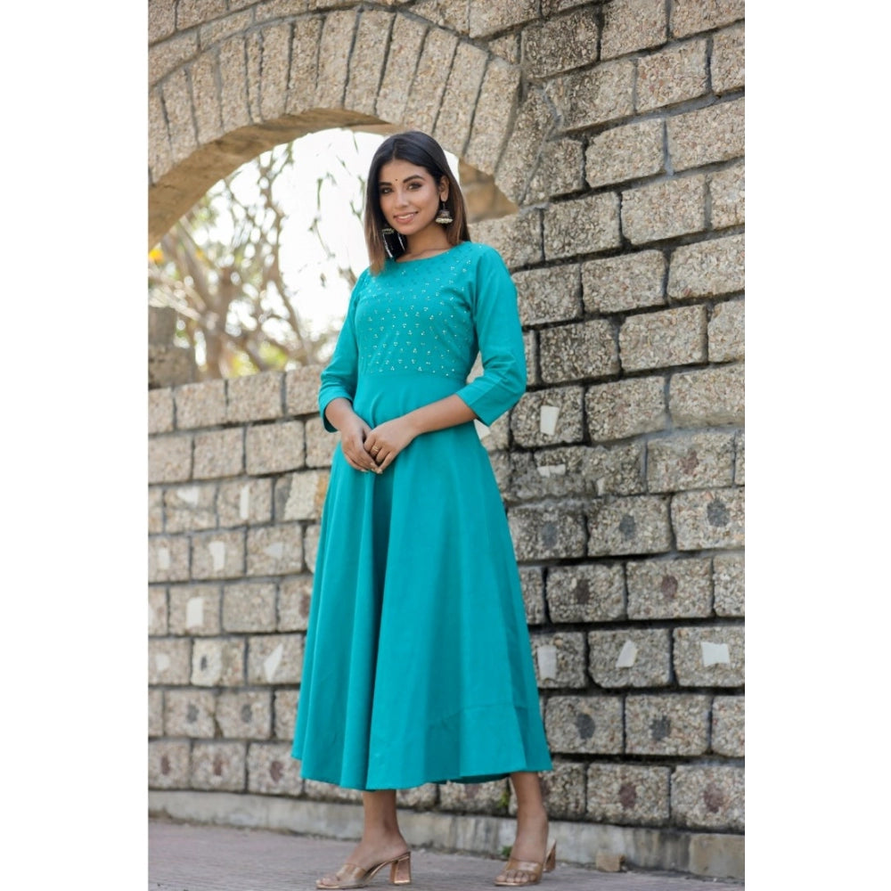 Generic Women's Cotton Solid 3/4 Sleeve Round Neck Kurti (Green)