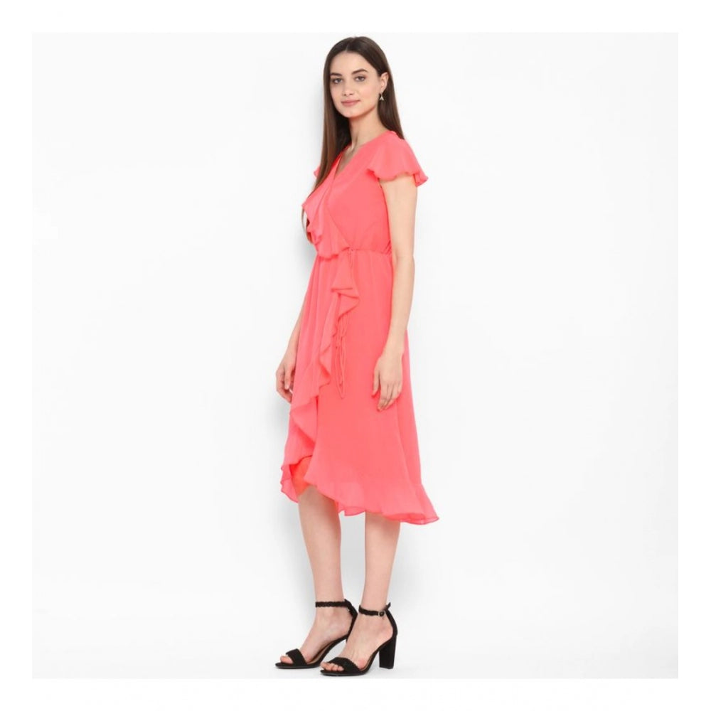 Generic Women's Polyester Ruffled Cap Sleeve Below Knee Dress (Coral Pink)