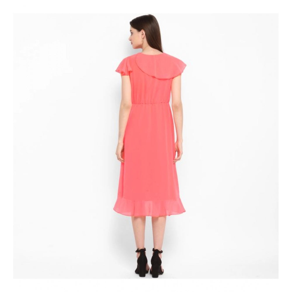 Generic Women's Polyester Ruffled Cap Sleeve Below Knee Dress (Coral Pink)