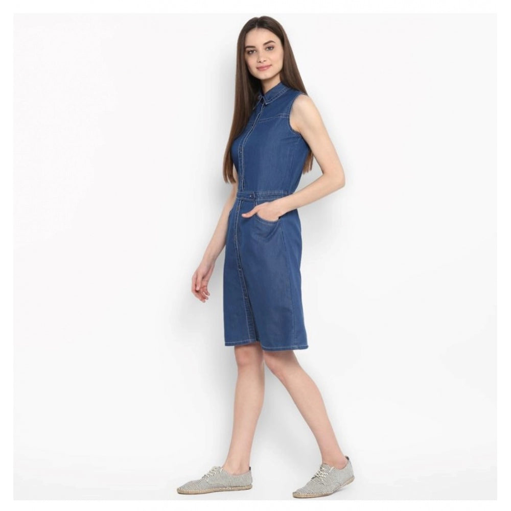 Generic Women's Denim Solid Sleeveless Above Knee Dress (Blue)