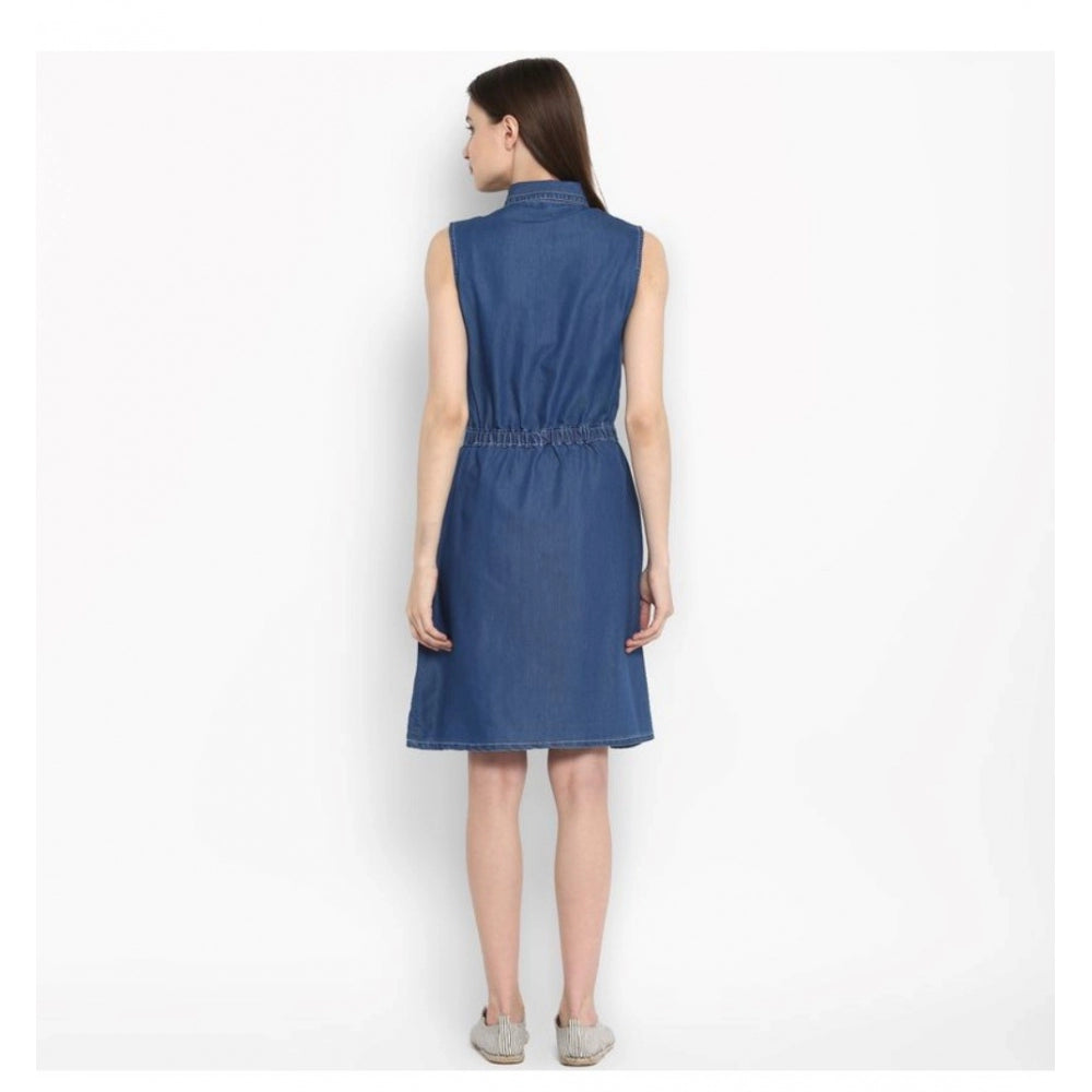 Generic Women's Denim Solid Sleeveless Above Knee Dress (Blue)