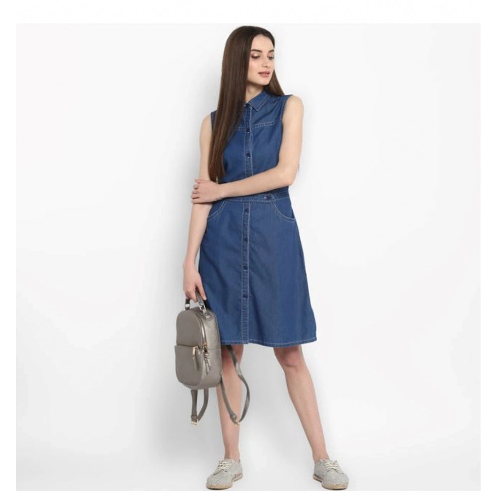 Generic Women's Denim Solid Sleeveless Above Knee Dress (Blue)