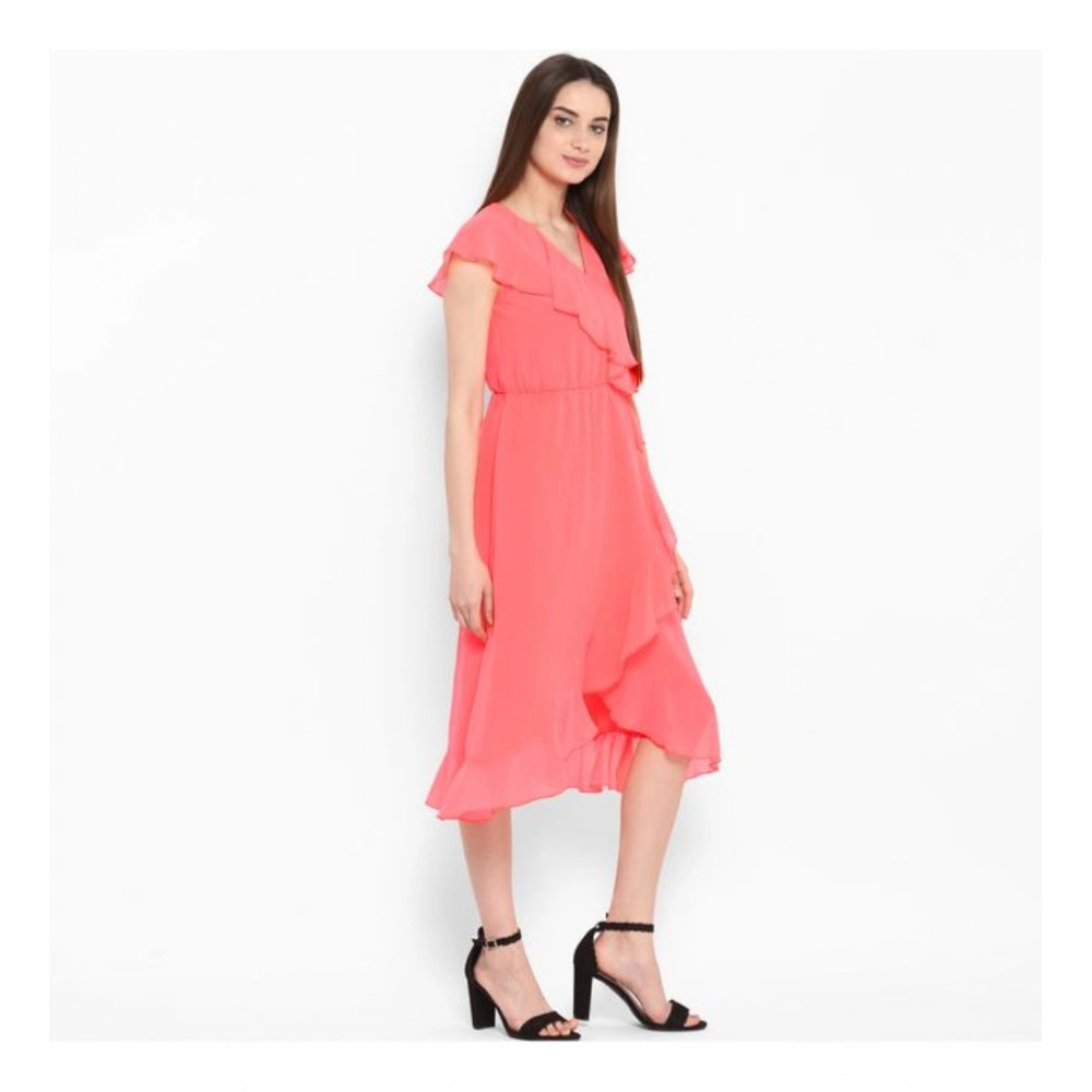 Generic Women's Polyester Ruffled Cap Sleeve Below Knee Dress (Coral Pink)