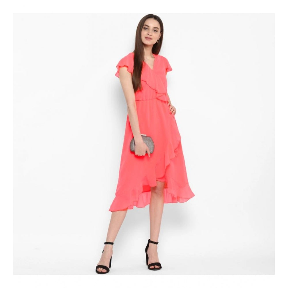 Generic Women's Polyester Ruffled Cap Sleeve Below Knee Dress (Coral Pink)