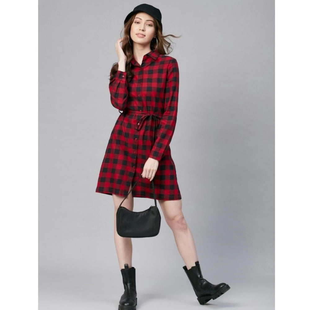 Generic Women's Cotton Checkered Long Sleeves Above Knee Dress (Red - Black)