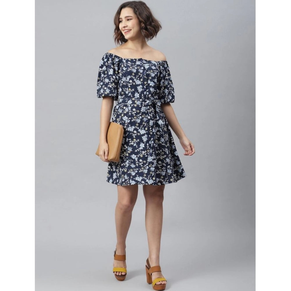 Generic Women's Polyester Off Shoulder Half Sleeve Above Knee Dress (Blue)