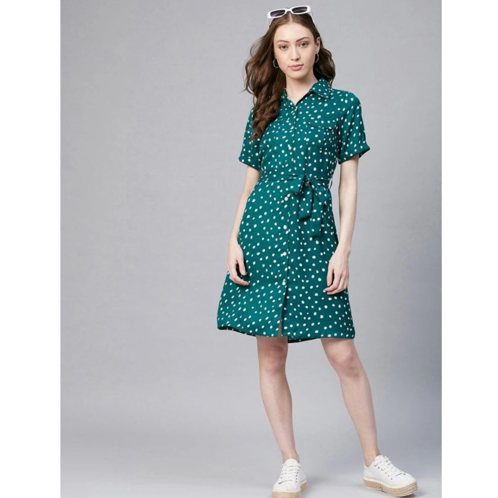 Generic Women's Polyester Polka Short Sleeve Above Knee Dress (Blue - White)