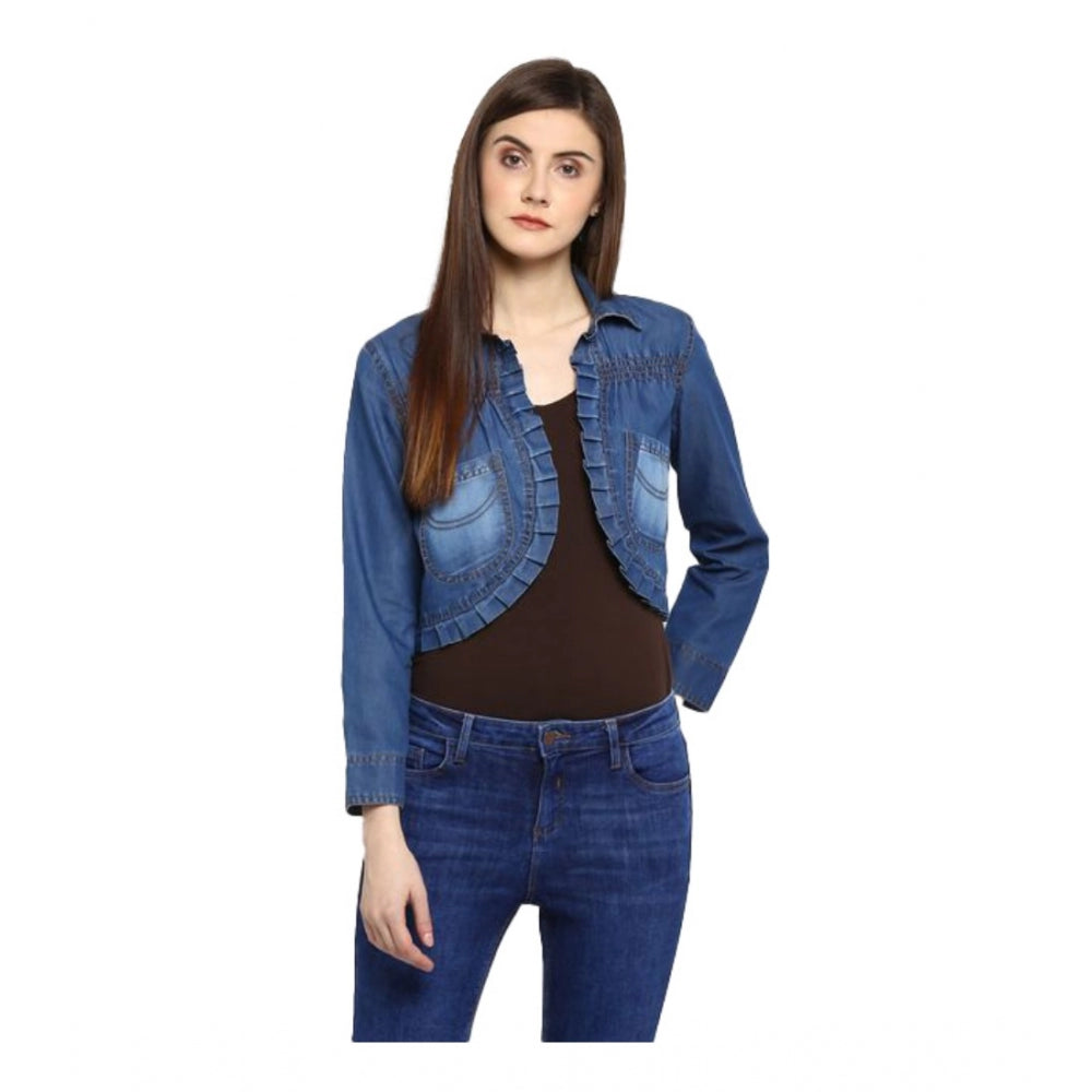Generic Women's Denim Pleated 3-4th Sleeves Shrug (Blue)