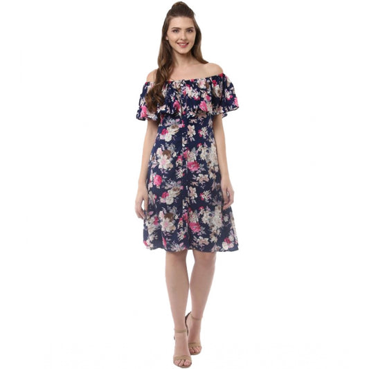 Generic Women's Polyester Crepe Floral Half Sleeve Above Knee Dress (Navy Blue)