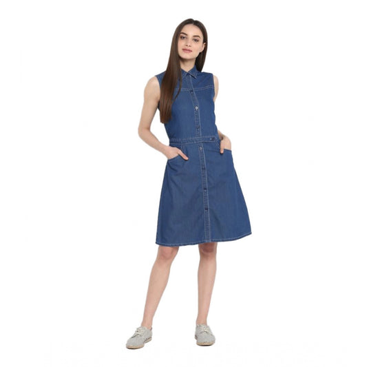 Generic Women's Denim Solid Sleeveless Above Knee Dress (Blue)