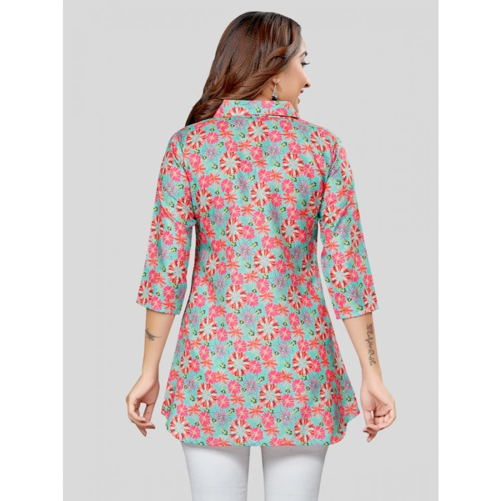 Generic Women's Cotton Blend Collared Neck 3/4 Sleeves Short Top (Teal Green)